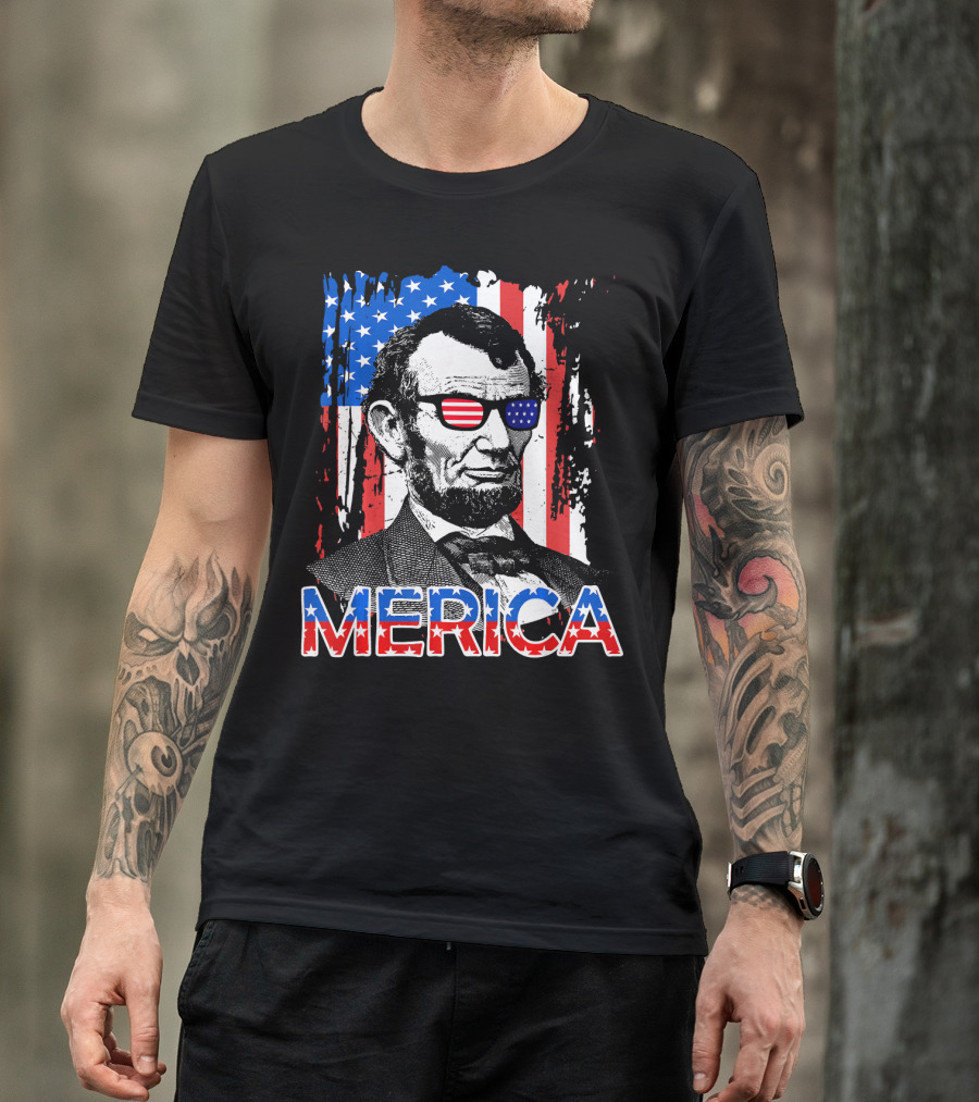 Merica American Flag Abe Lincoln With Sunglasses T-Shirt