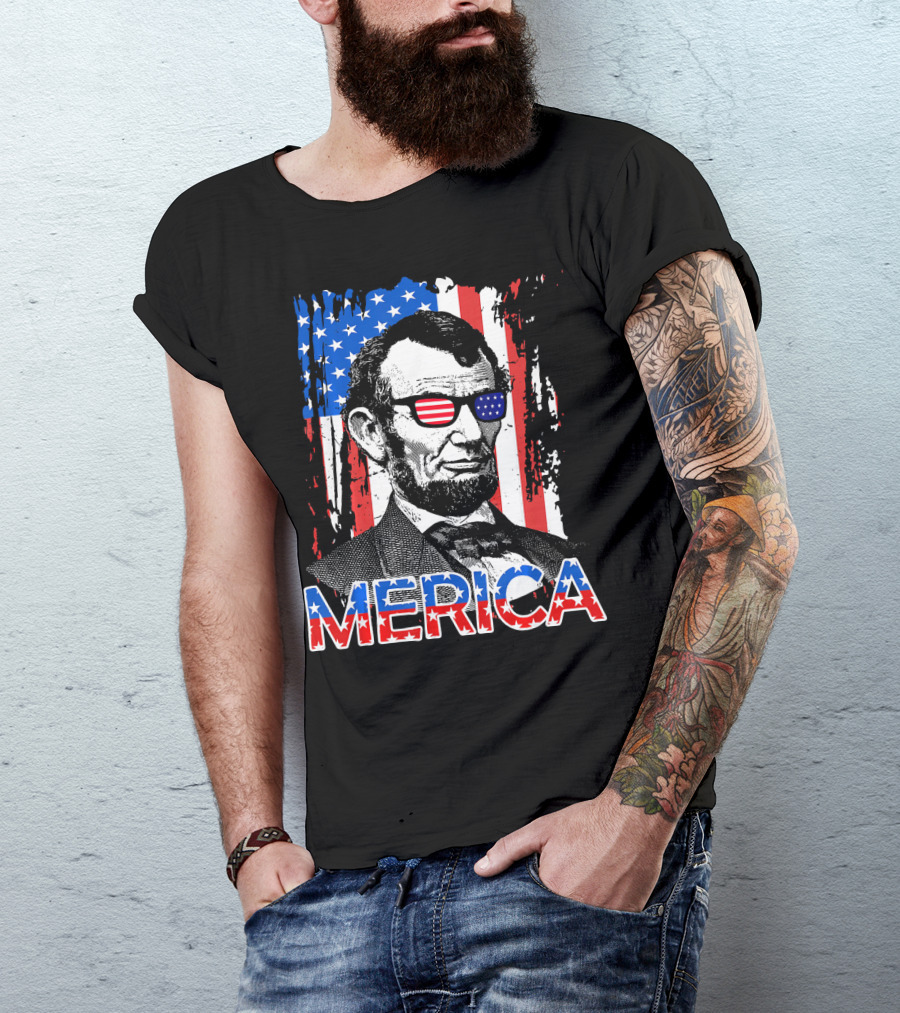 Merica American Flag Abe Lincoln With Sunglasses T-Shirt