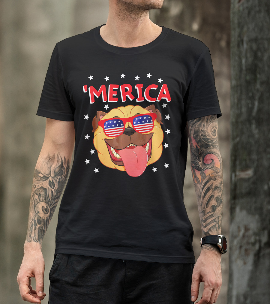 'Merica Pug Wearing American Flag Sunglasses With Stars T-Shirt