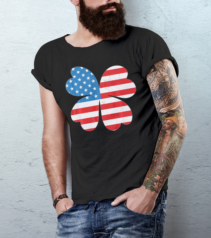 Independence Day American Flag 4 Leaf Clover Shamrock T-Shirt