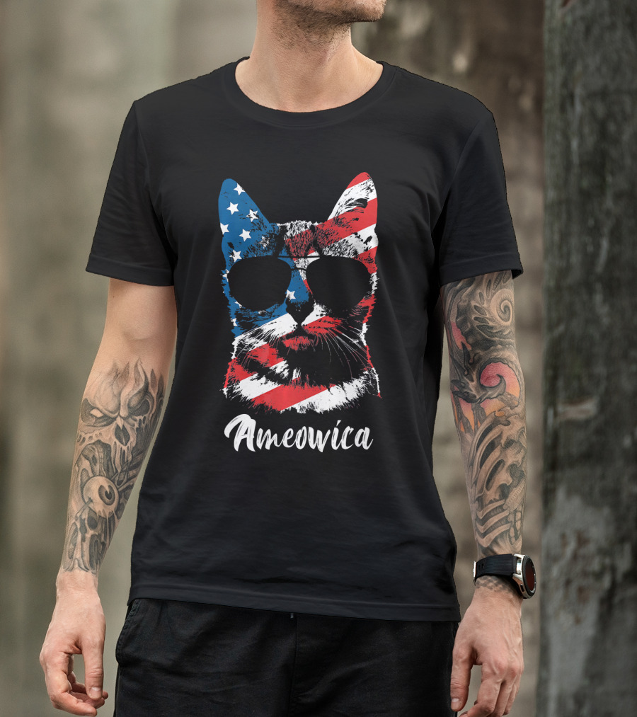 Ameowica Funny Cat Lover Patriotic Stars And Stripes Sunglasses T-Shirt