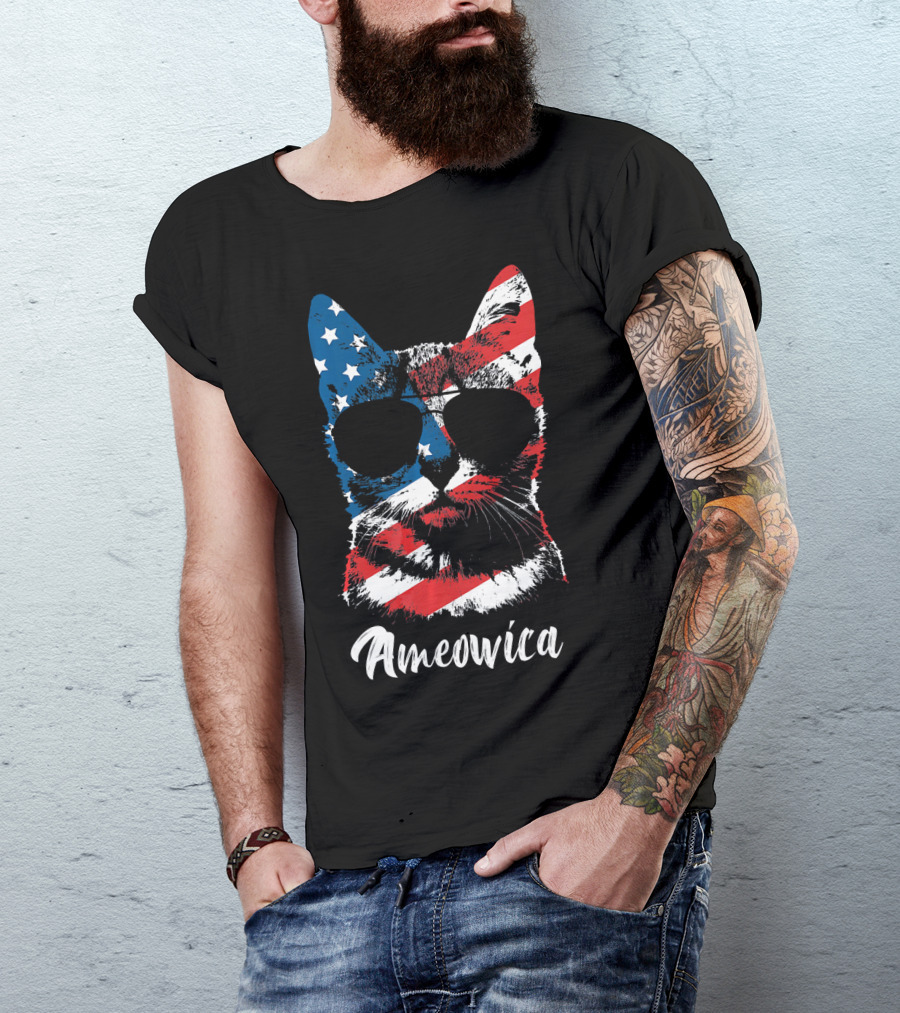 Ameowica Funny Cat Lover Patriotic Stars And Stripes Sunglasses T-Shirt