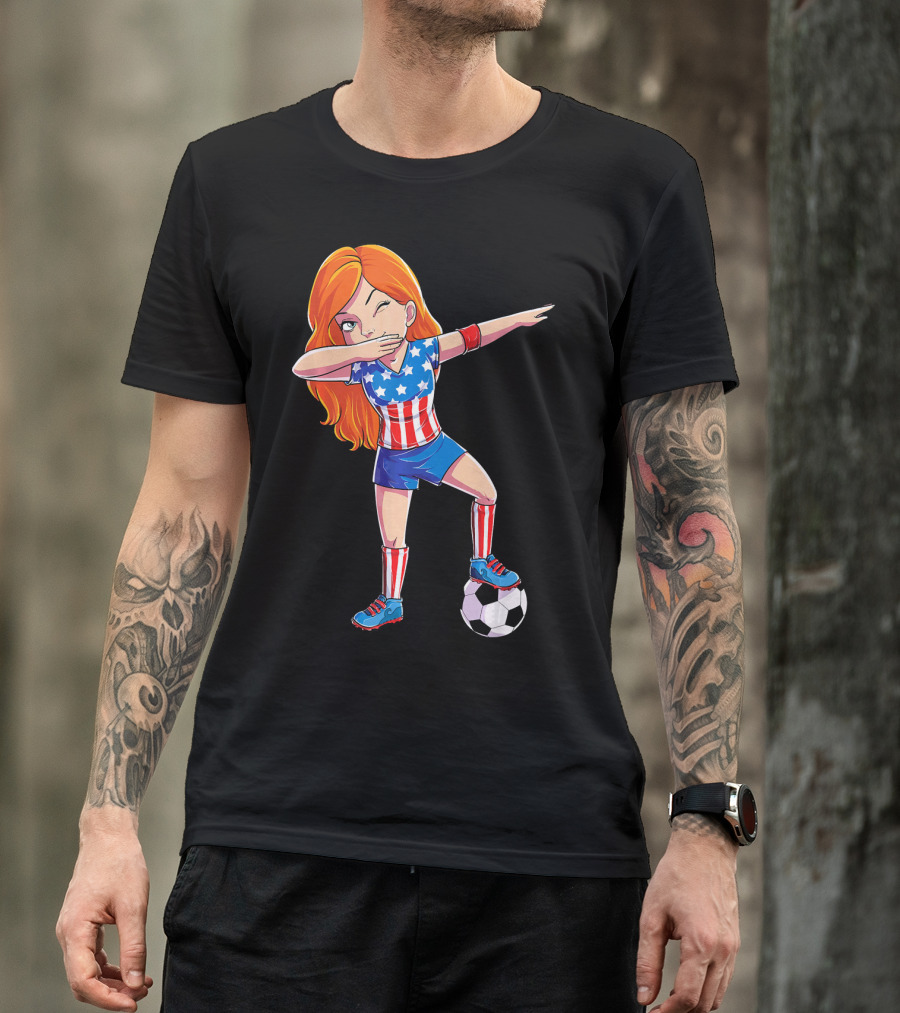 Dabbing Soccer Girl USA Flag Stars And Stripes Jersey T-Shirt