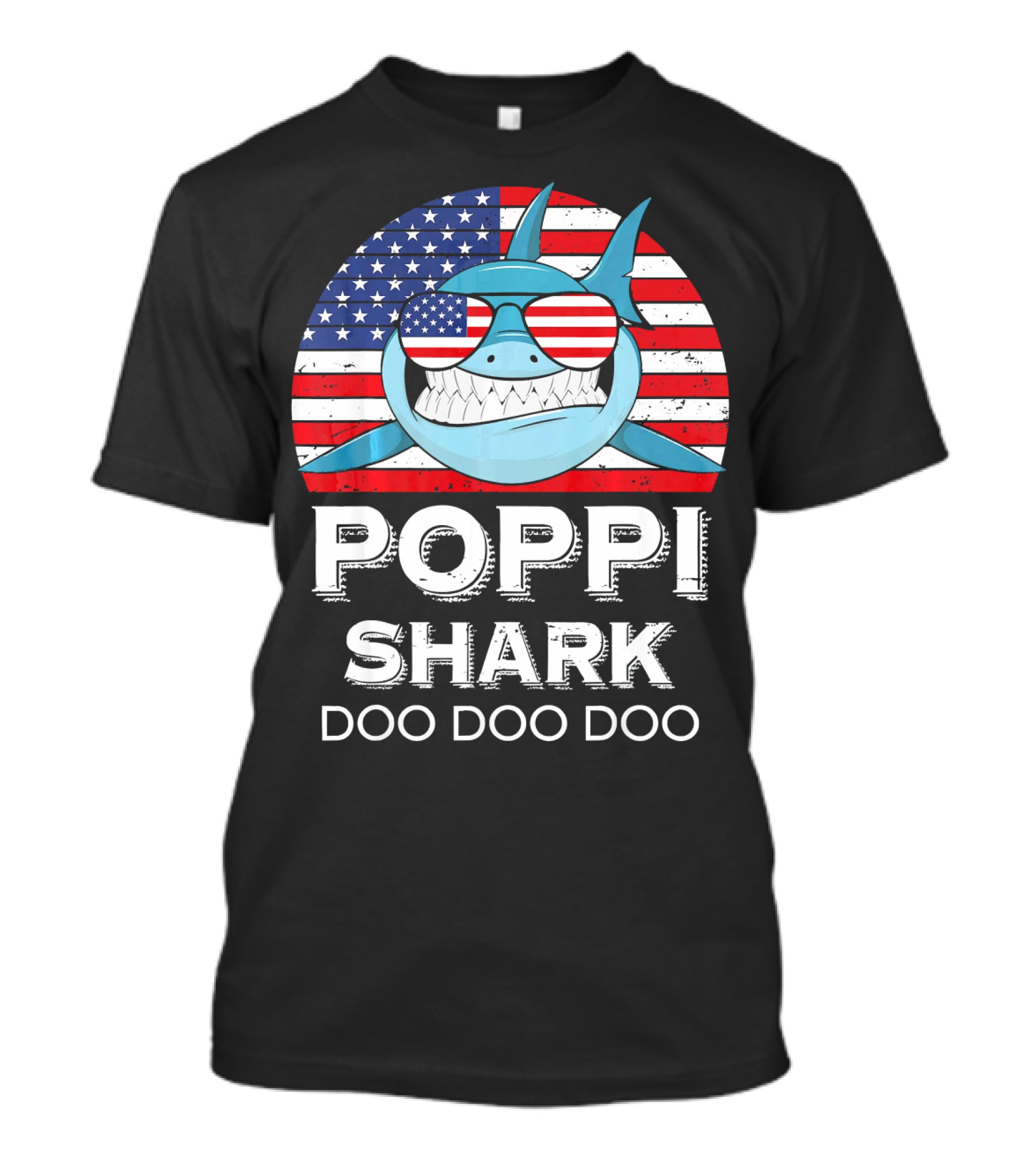 Poppi Shark Doo Doo Doo American Flag Sunglasses T-Shirt