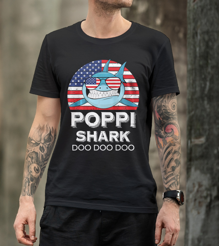 Poppi Shark Doo Doo Doo American Flag Sunglasses T-Shirt