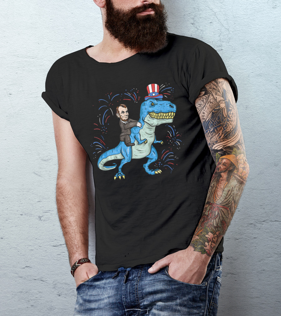 Abe Lincoln Patriotic Dinosaur Riding Fireworks Hat T-Shirt