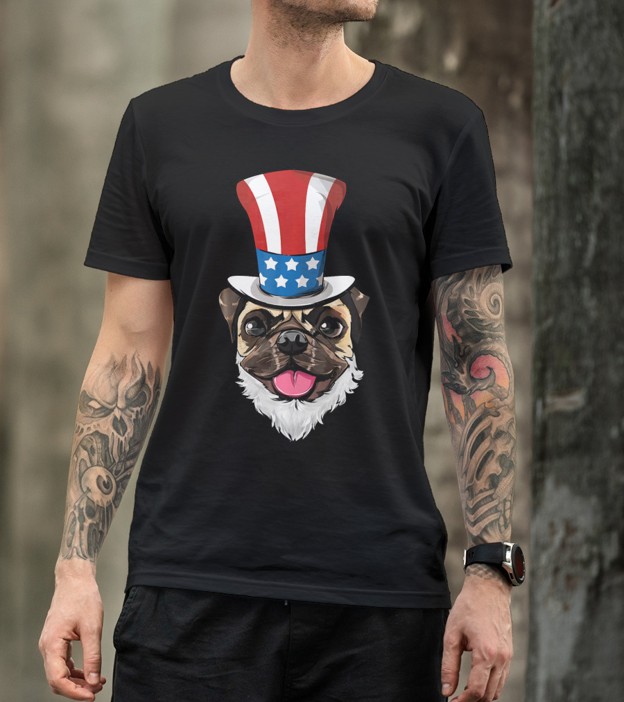 Pug Dog Wearing Uncle Sam Hat And Lincoln Beard T-Shirt