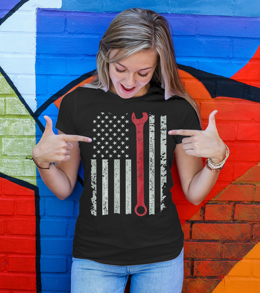 American Flag With Red Mechanic Wrench T-Shirt
