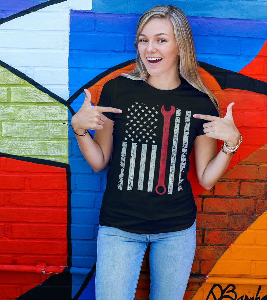 American Flag With Red Mechanic Wrench T-Shirt