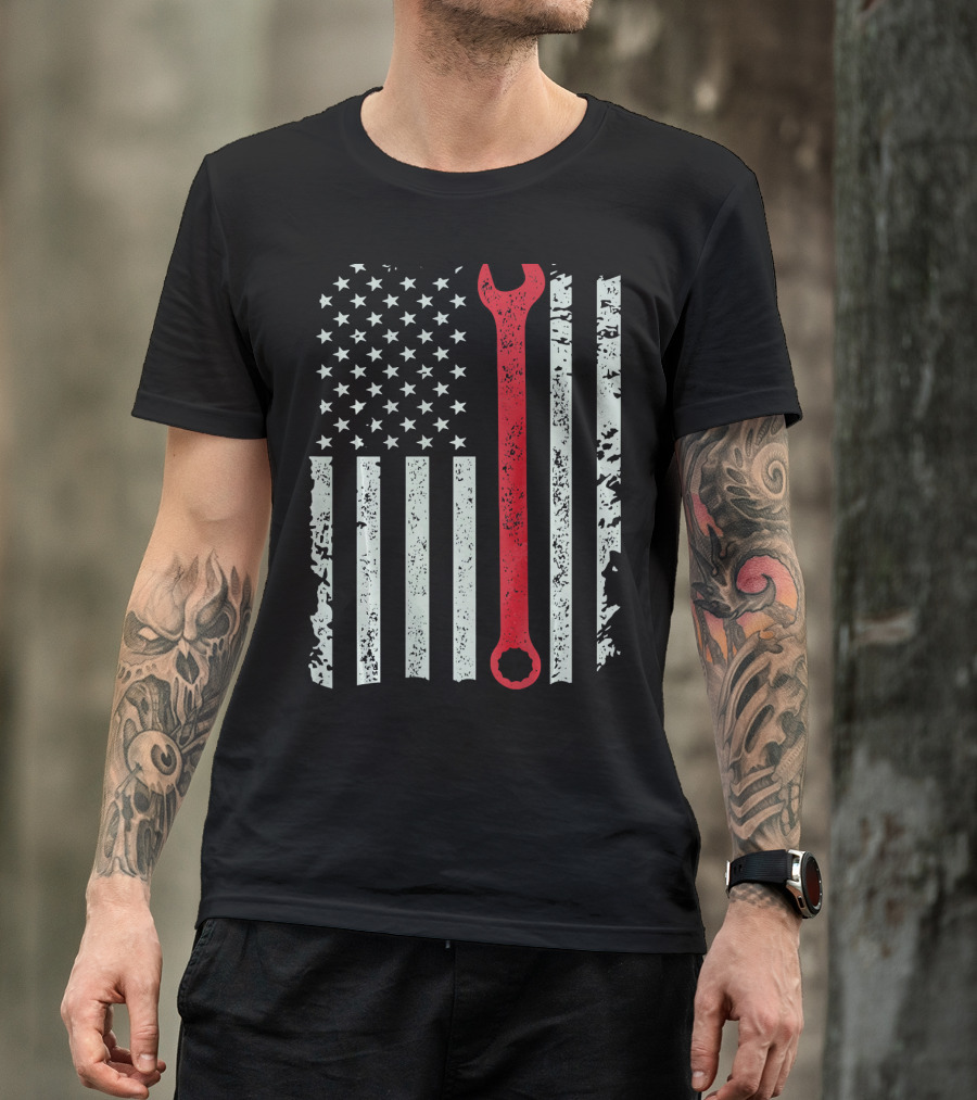 American Flag With Red Mechanic Wrench T-Shirt