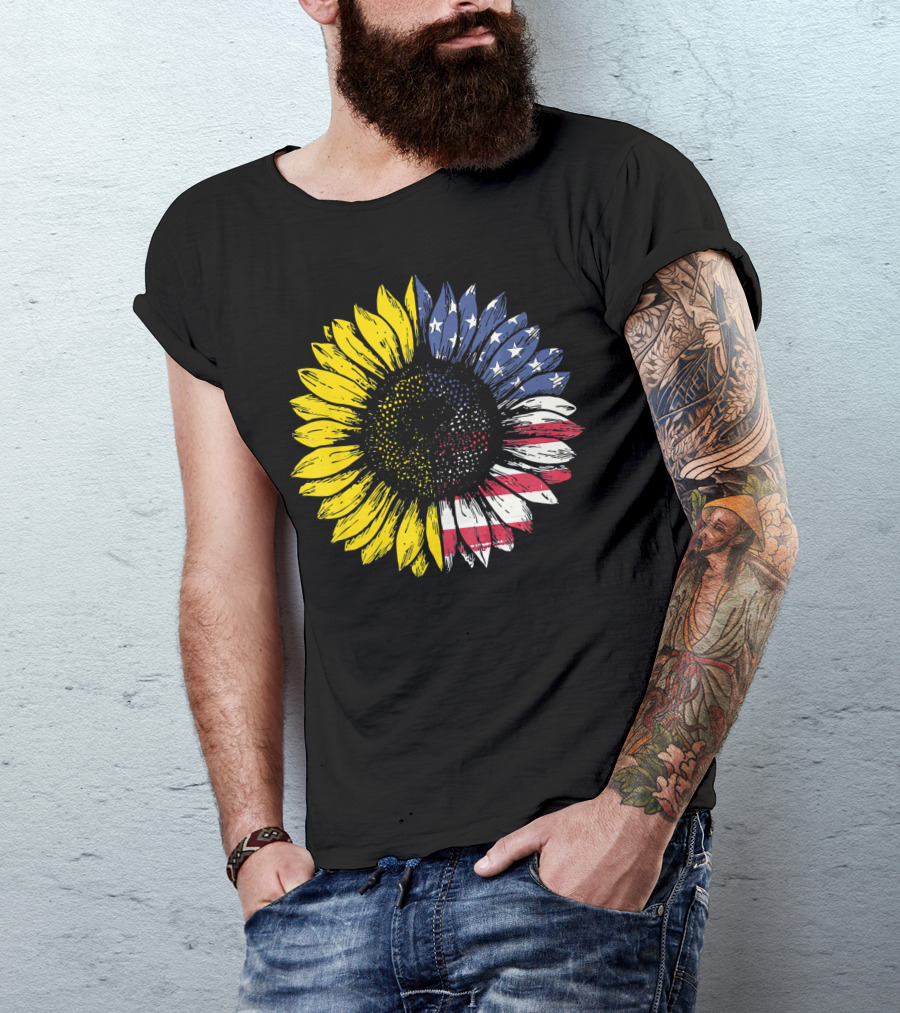 Sunflower With American Flag Stars And Stripes Patriotic T-Shirt