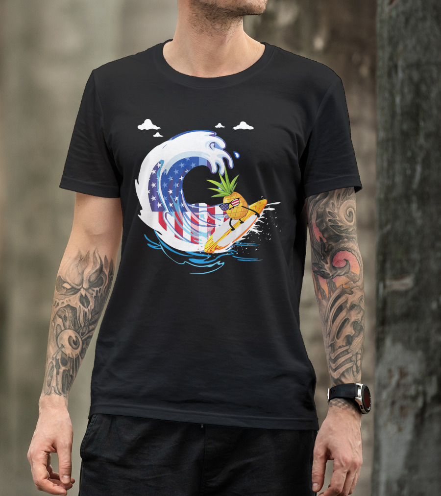 Pineapple Surfing American Flag Wave Hawaiian T-Shirt