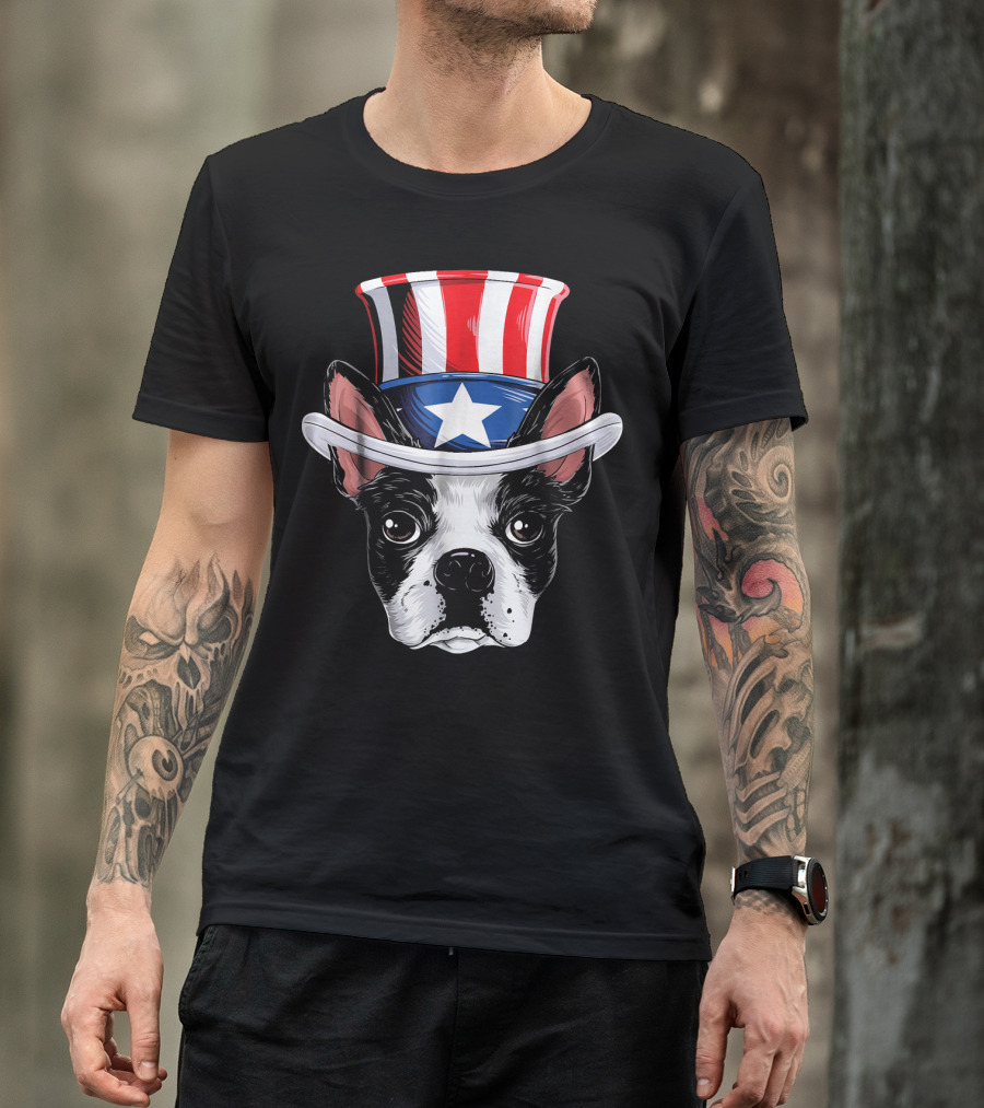 Boston Terrier Wearing Uncle Sam Hat With Star And Stripes T-Shirt