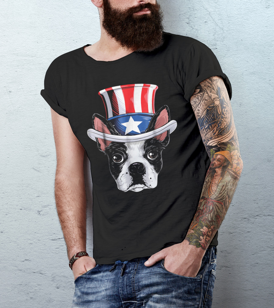 Boston Terrier Wearing Uncle Sam Hat With Star And Stripes T-Shirt