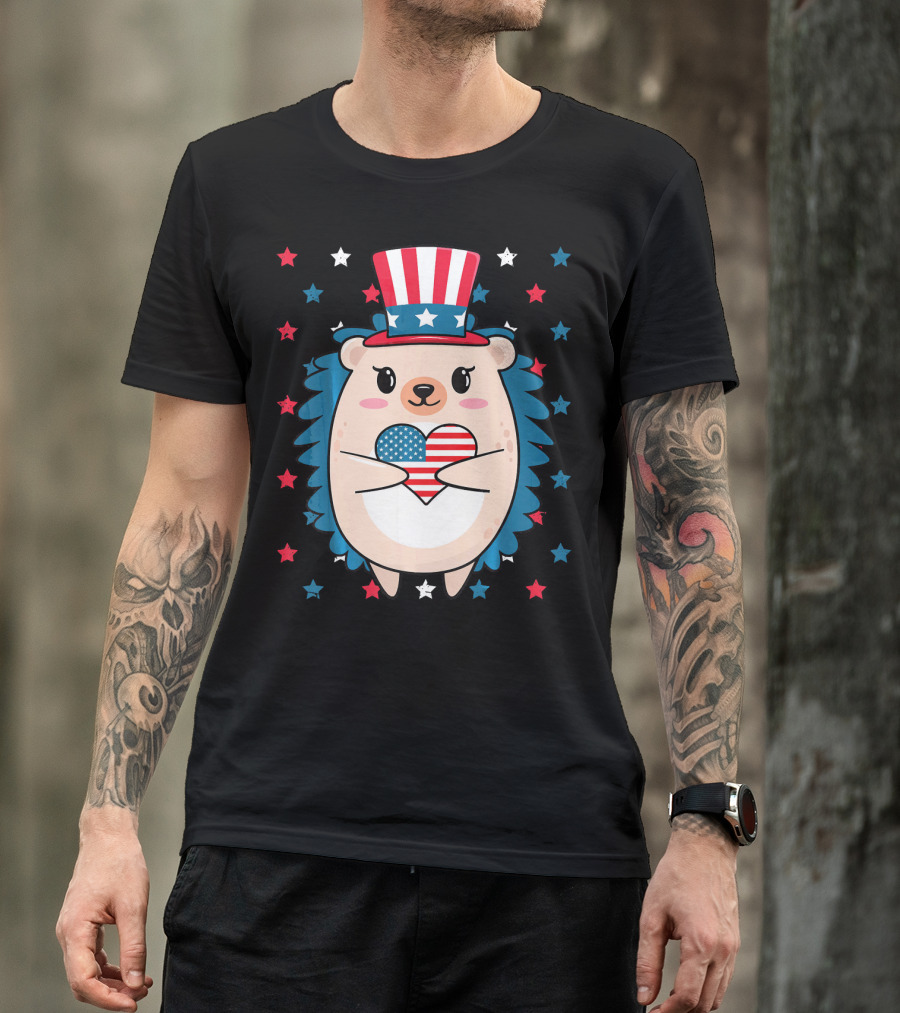 Hedgehog Patriotic Stars Uncle Sam Hat Holding USA Flag Heart T-Shirt