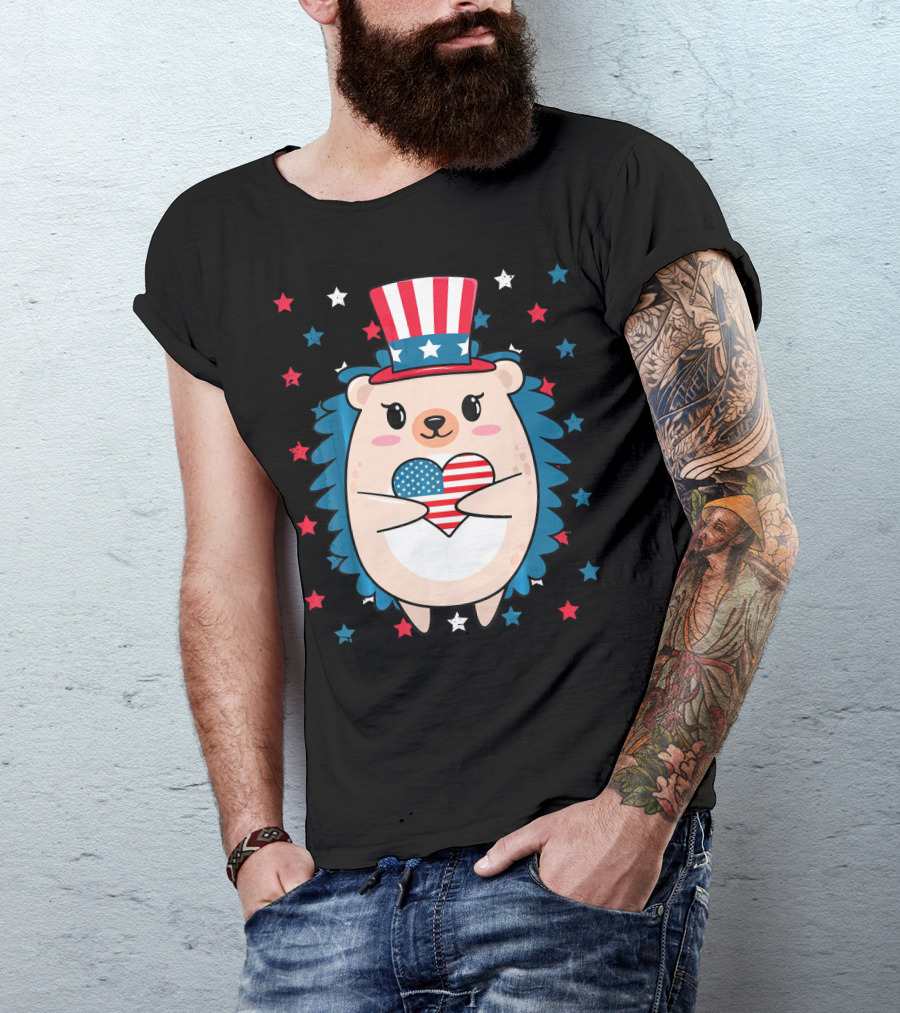 Hedgehog Patriotic Stars Uncle Sam Hat Holding USA Flag Heart T-Shirt