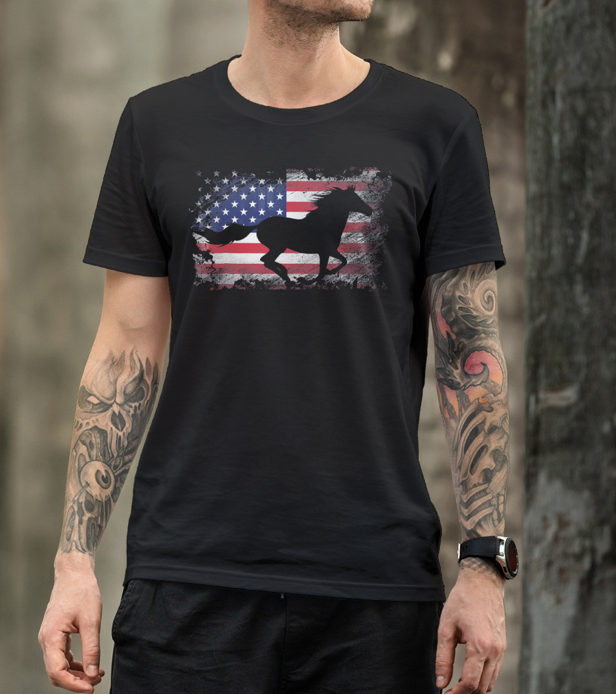 Horse Silhouette American Flag USA Patriotic T-Shirt