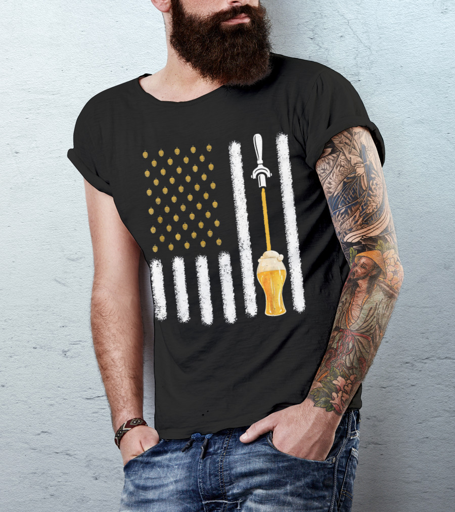 USA Flag Hops Pattern Craft Beer Tap Pouring T-Shirt