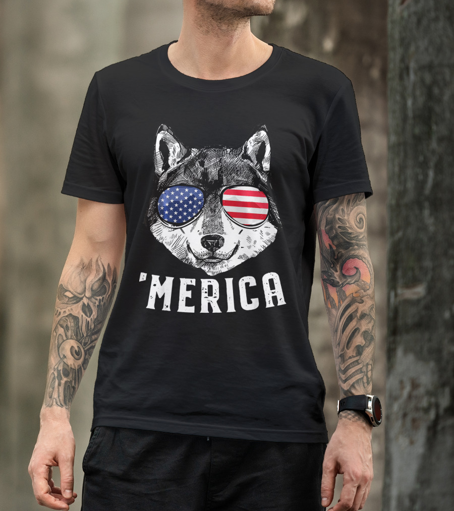 Patriotic Wolf American Flag Sunglasses 'Merica T-Shirt