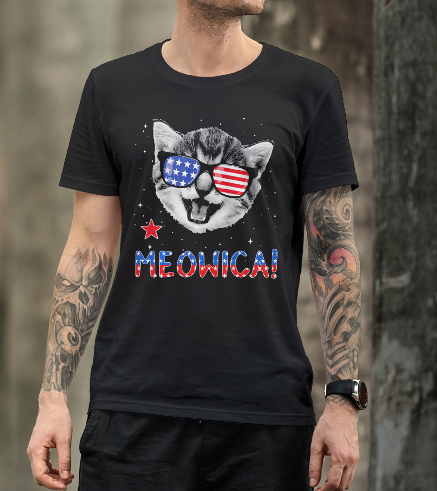 Meowica Cat With American Flag Glasses And Stars T-Shirt