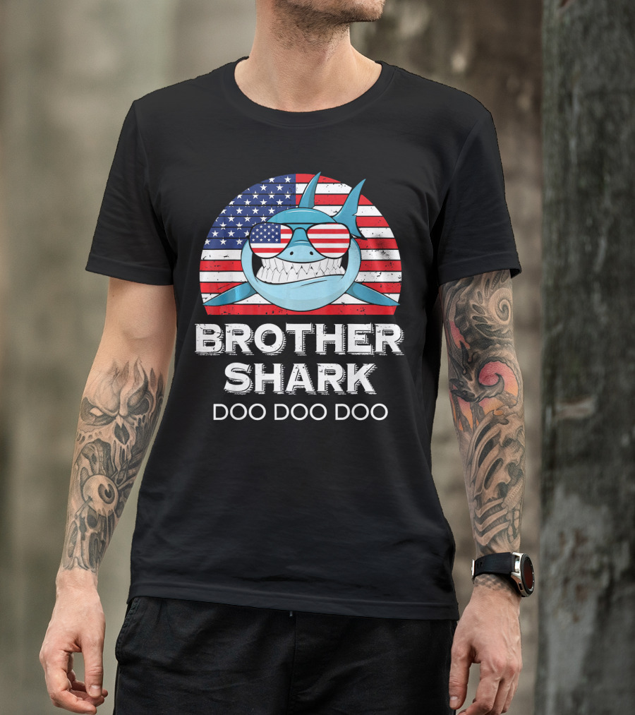 Brother Shark Doo Doo Doo American Flag Sunglasses T-Shirt