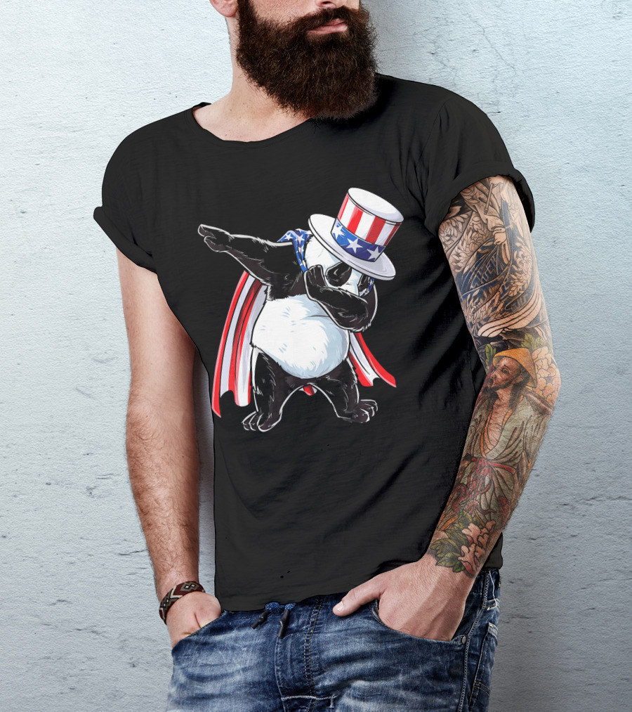 Uncle Sam Panda Dabbing With Stars And Stripes Hat And Cape T-Shirt
