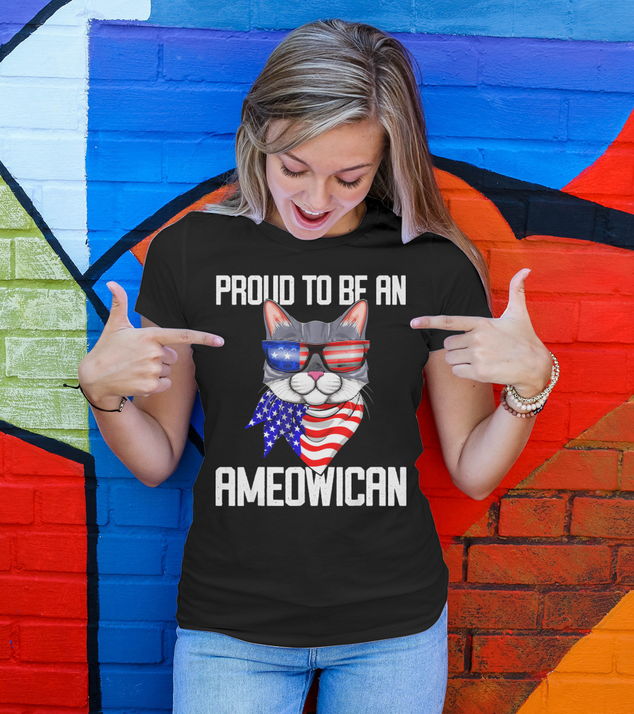 Proud To Be An Ameowican Cat With American Flag Glasses And Scarf T-Shirt