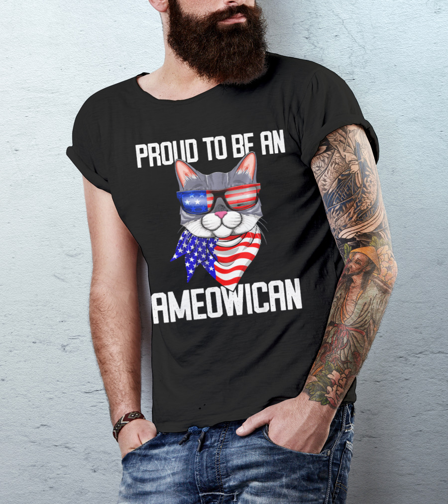 Proud To Be An Ameowican Cat With American Flag Glasses And Scarf T-Shirt