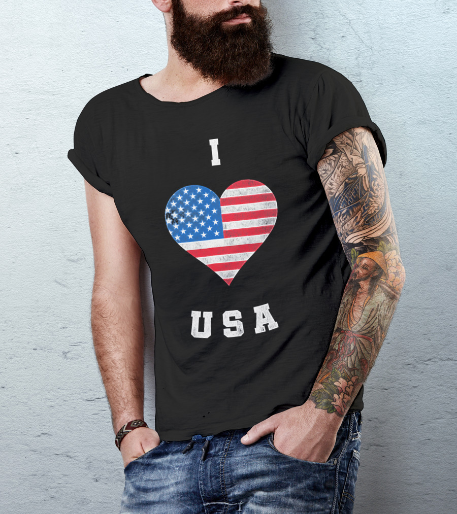 I Heart USA I Love USA America Patriot American Flag Heart T-Shirt