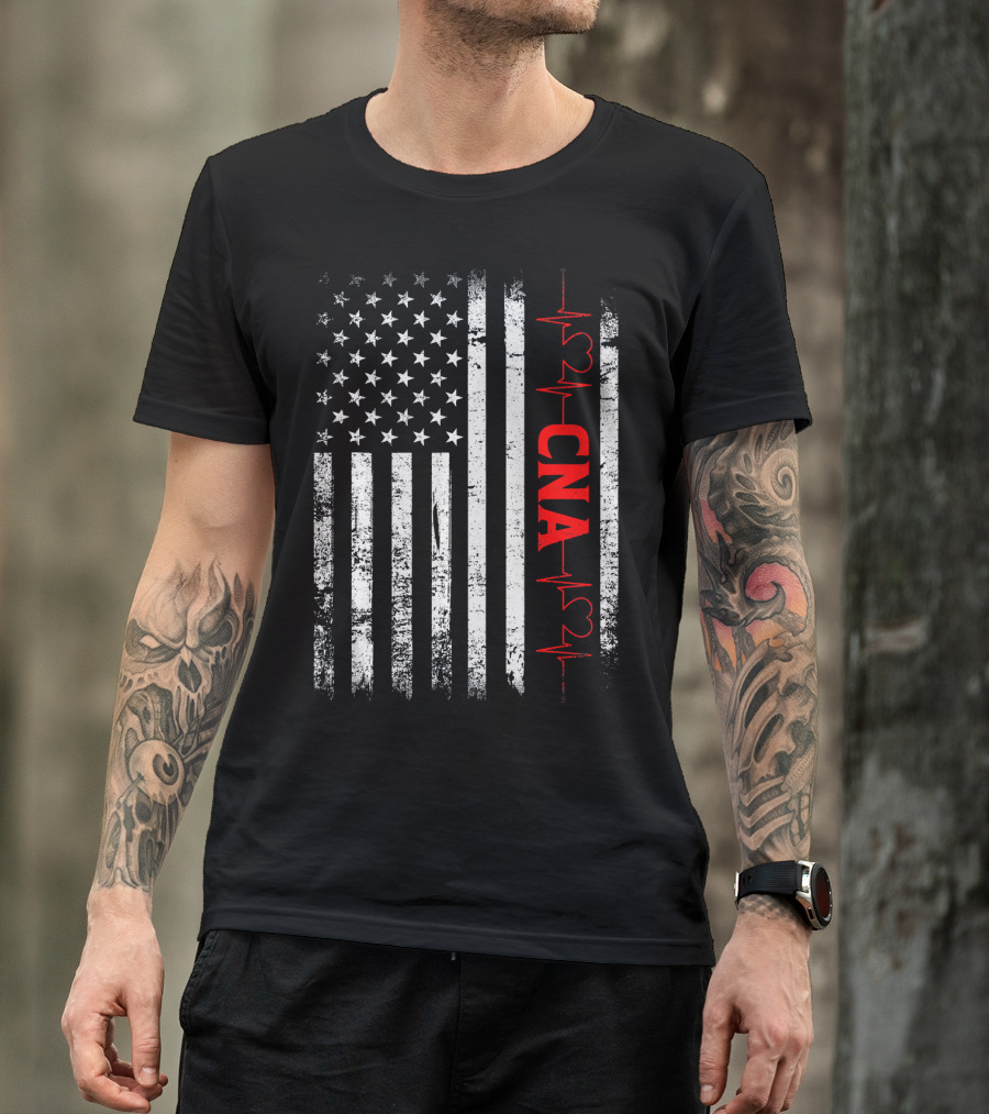 American Flag Heartbeat Red CNA Patriotic Nurse T-Shirt