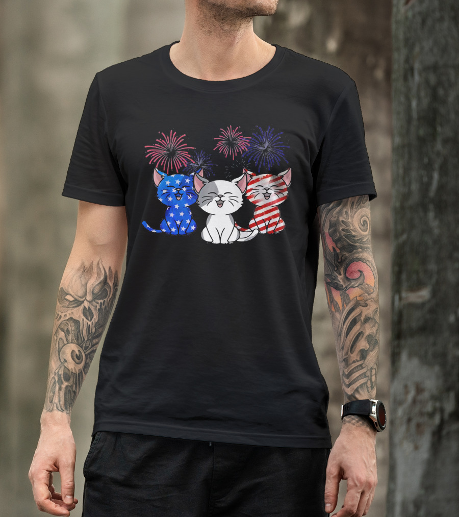 Funny Cat Fourth Of July Fireworks American Flag T-Shirt