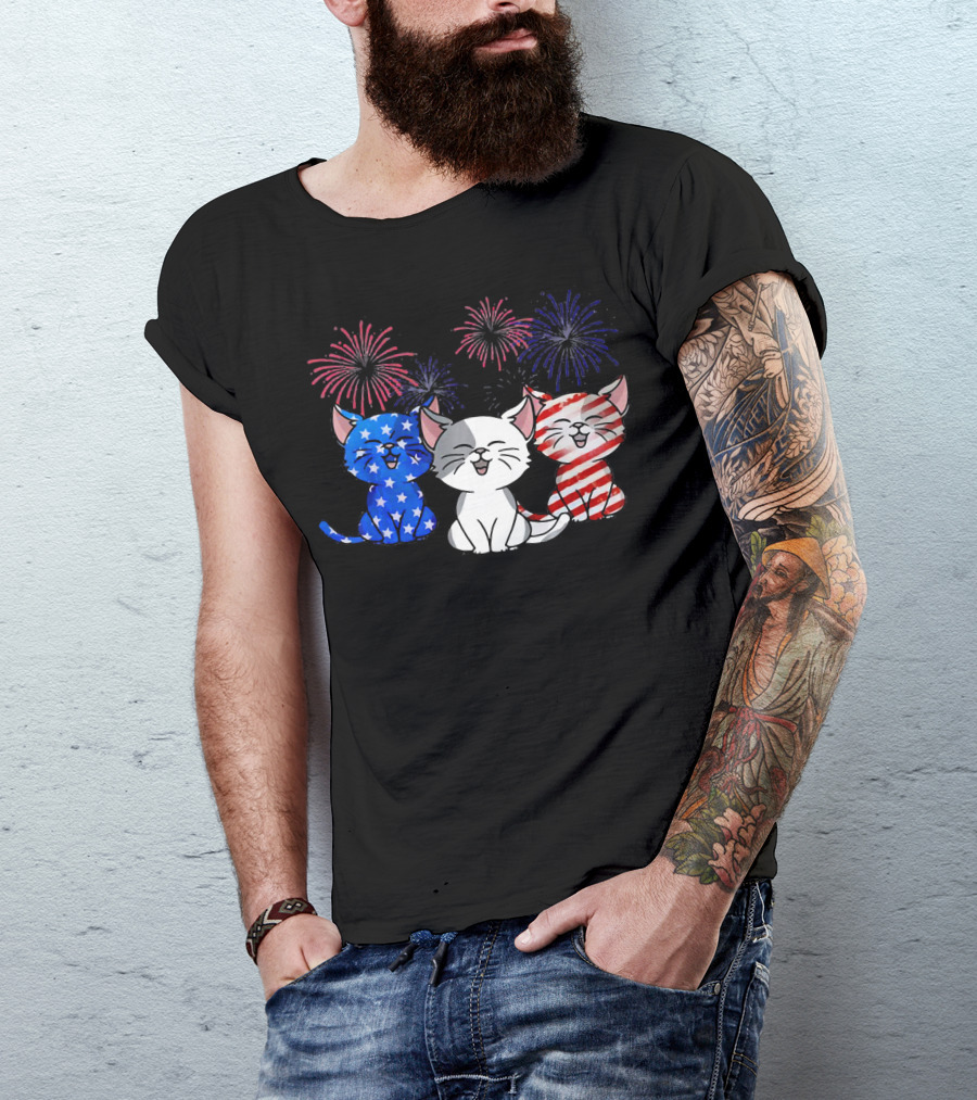 Funny Cat Fourth Of July Fireworks American Flag T-Shirt