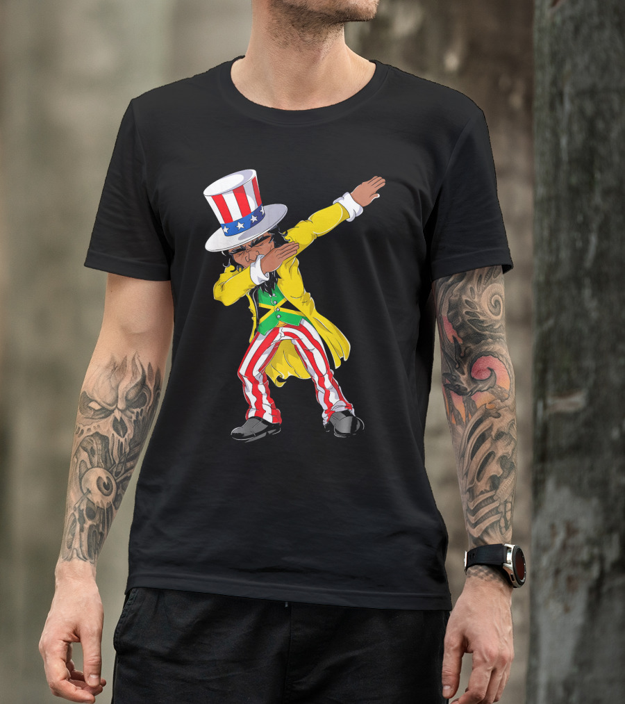 Uncle Sam Dabbing With Jamaican Flag And Red White Blue Hat In Yellow Coat T-Shirt