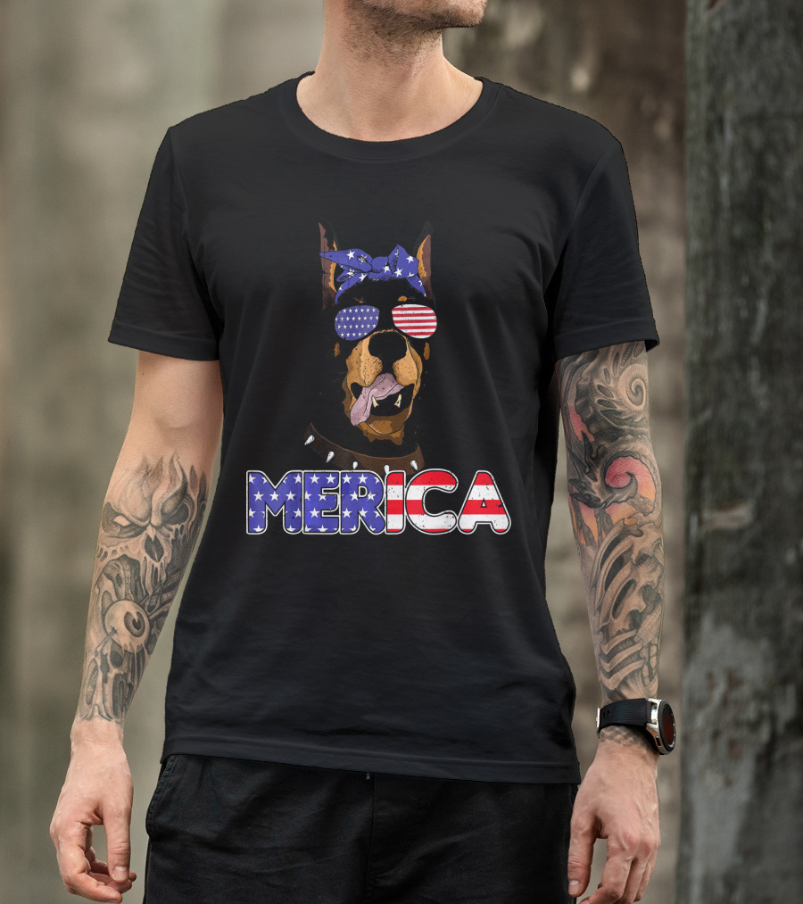 Patriotic Merica Doberman Pinscher With American Flag Bandana And Sunglasses T-Shirt