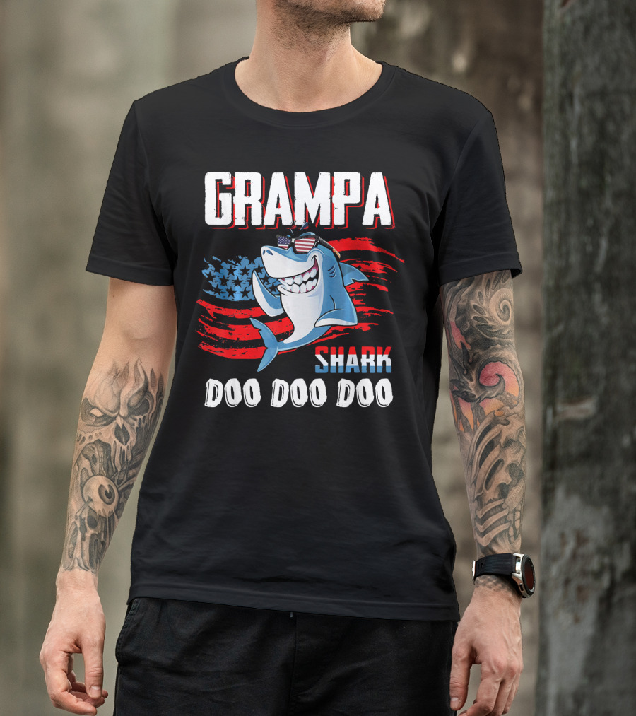 Grampa Shark Doo Doo Doo American Flag Sunglasses T-Shirt