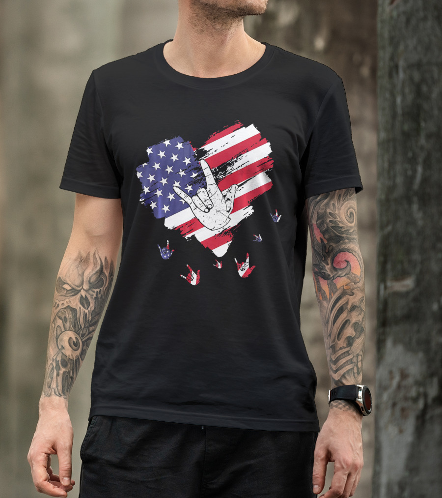 I Love You American Sign Language Hand Shape Heart With USA Flag Colors T-Shirt