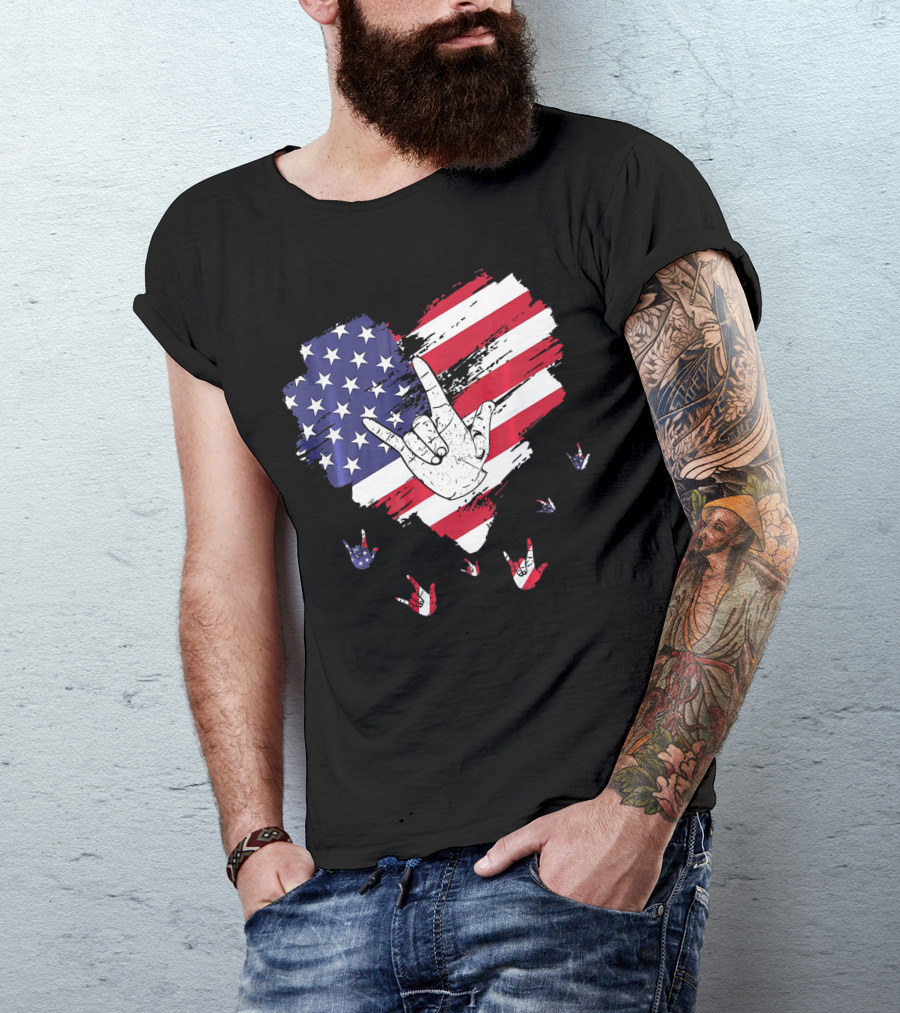 I Love You American Sign Language Hand Shape Heart With USA Flag Colors T-Shirt
