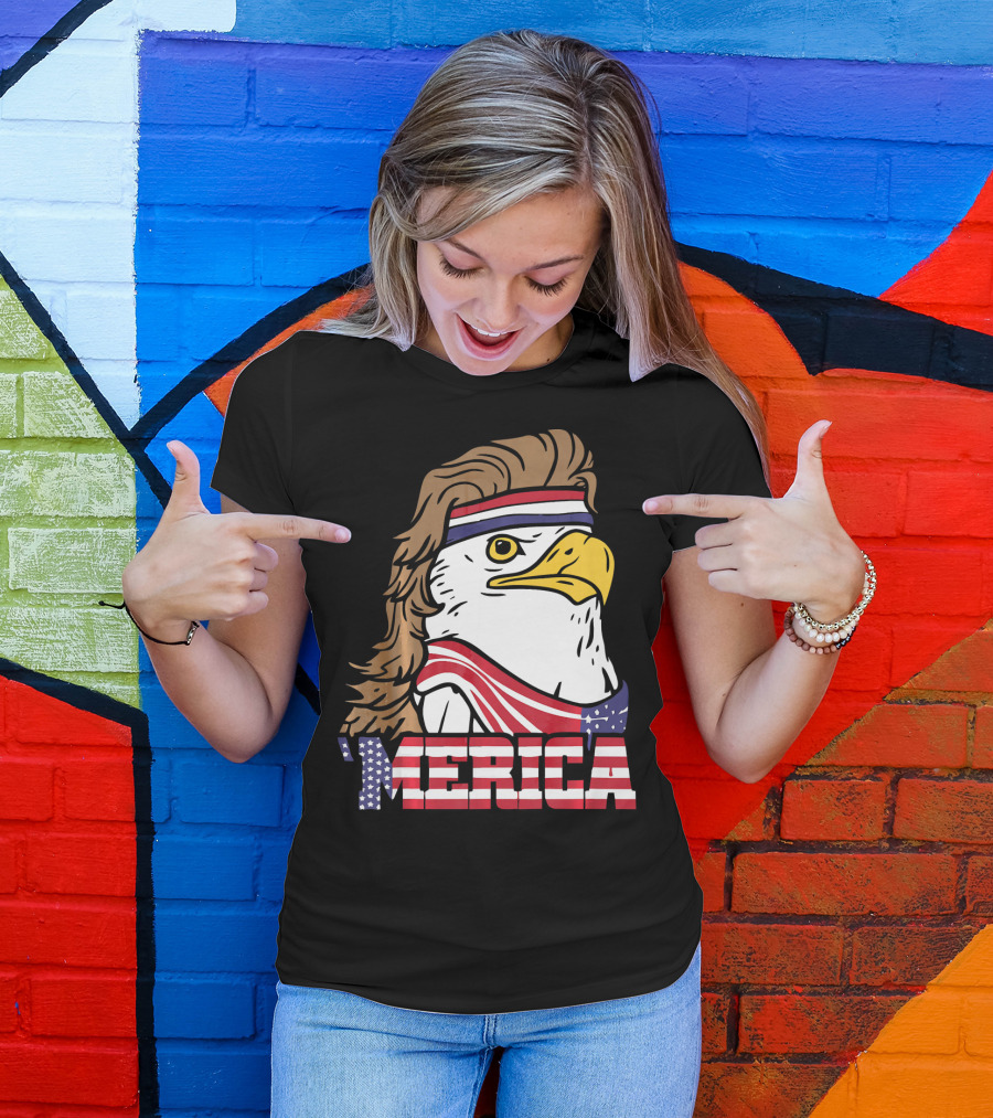 'Merica Bald Eagle Mullet Headband American Flag T-Shirt