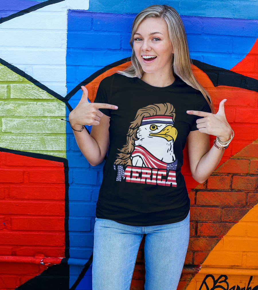 'Merica Bald Eagle Mullet Headband American Flag T-Shirt
