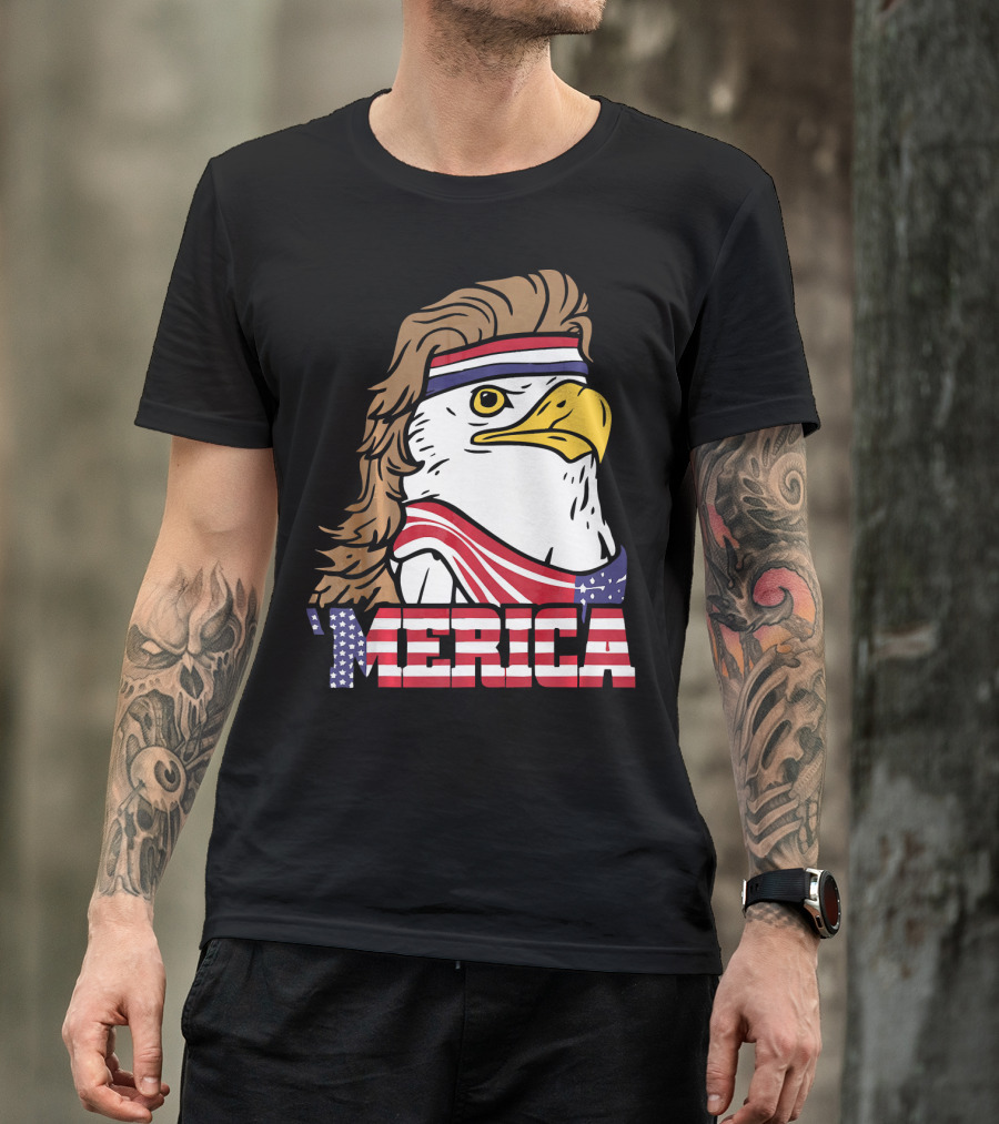 'Merica Bald Eagle Mullet Headband American Flag T-Shirt