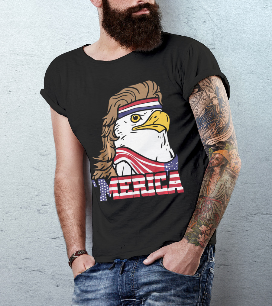 'Merica Bald Eagle Mullet Headband American Flag T-Shirt