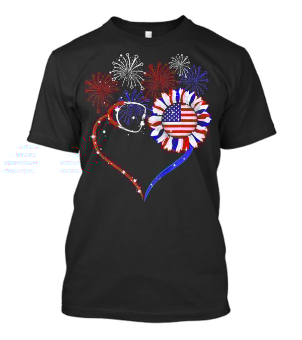 Nurse Heart Stethoscope Sunflower American Flag Fireworks T-Shirt
