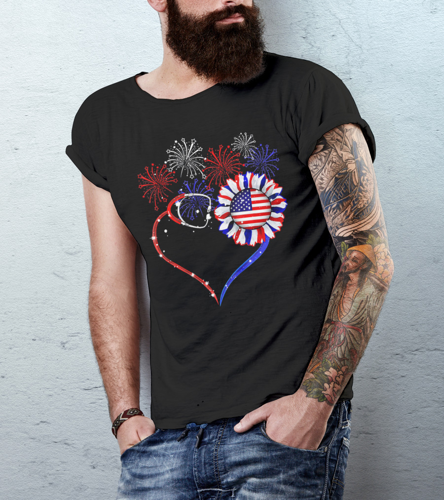Nurse Heart Stethoscope Sunflower American Flag Fireworks T-Shirt