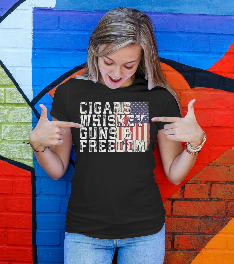 Cigars Whiskey Guns And Freedom American Flag T-Shirt