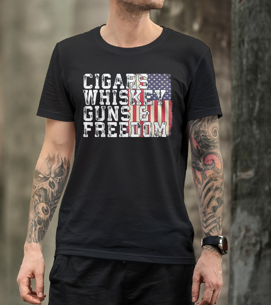 Cigars Whiskey Guns And Freedom American Flag T-Shirt