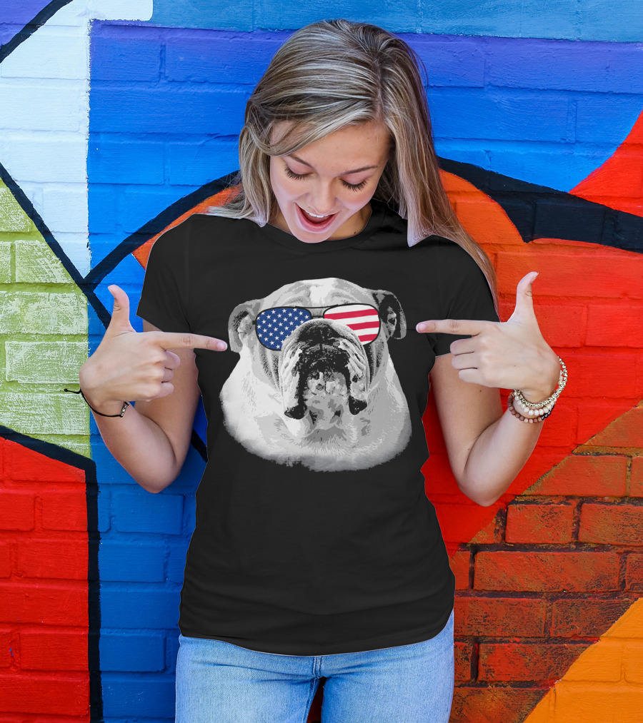 Patriotic Bulldog Dog Merica American Flag Sunglasses T-Shirt