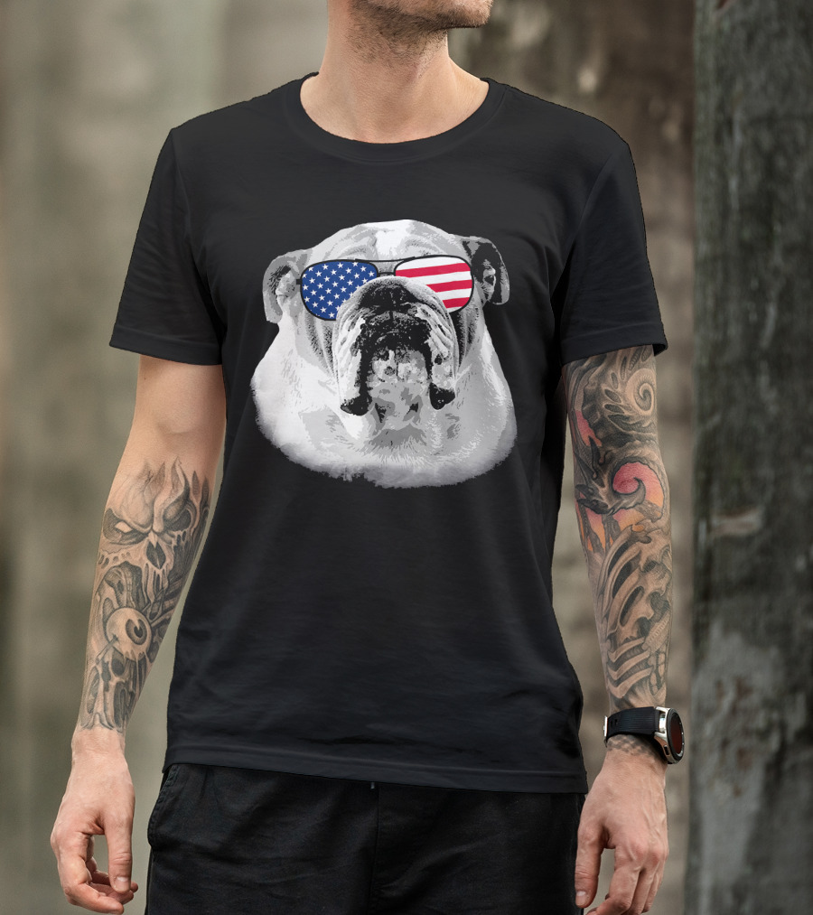 Patriotic Bulldog Dog Merica American Flag Sunglasses T-Shirt