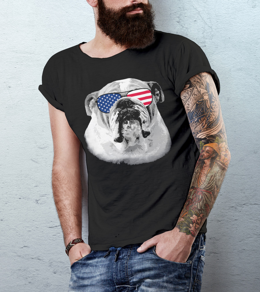 Patriotic Bulldog Dog Merica American Flag Sunglasses T-Shirt