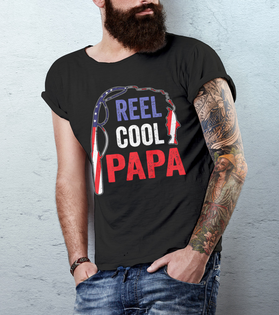 Reel Cool Papa Fishing USA Flag T-Shirt