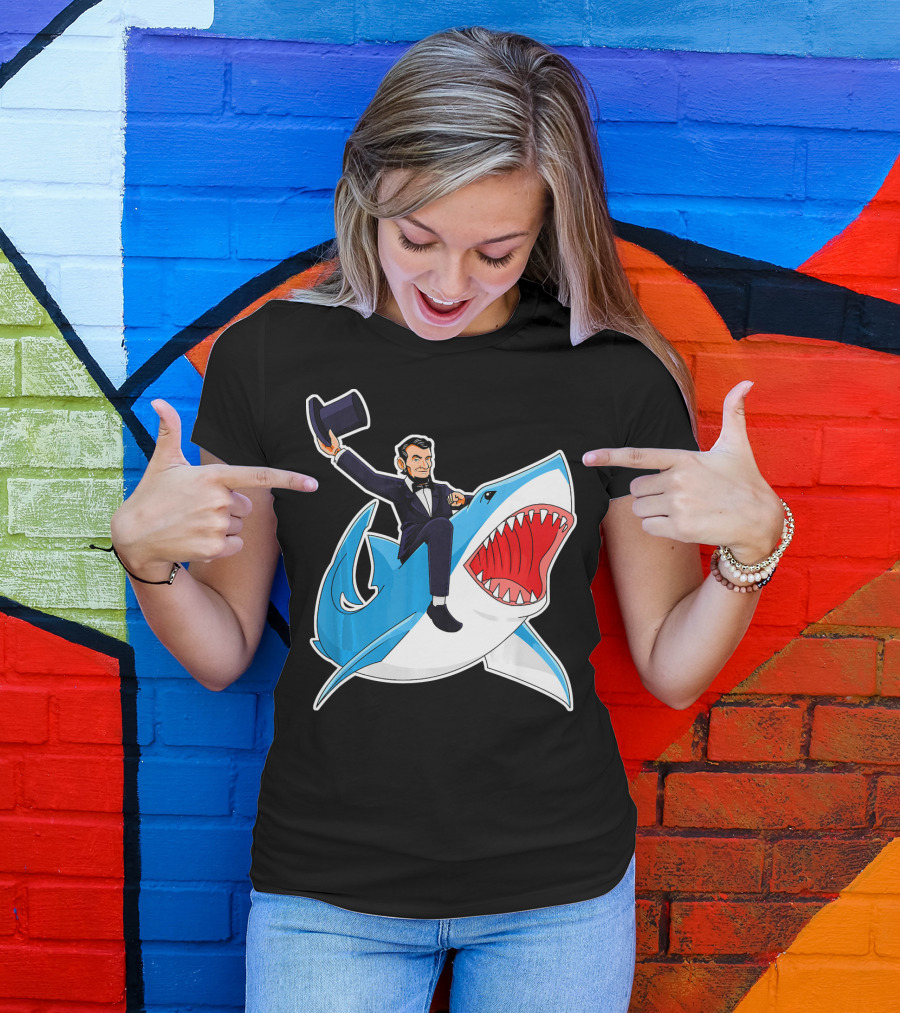 Abraham Lincoln Riding A Shark Waving Top Hat Adventure T-Shirt